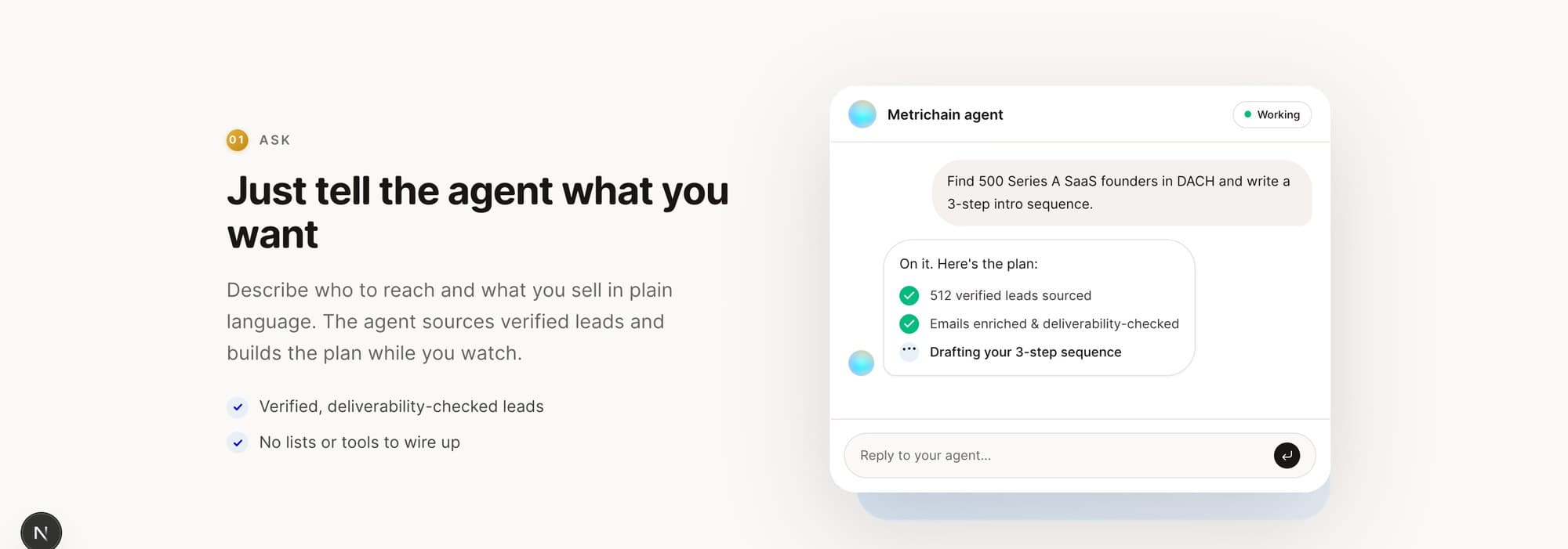 The agent chat: one sentence from the founder becomes a sourced, checked, drafted campaign plan