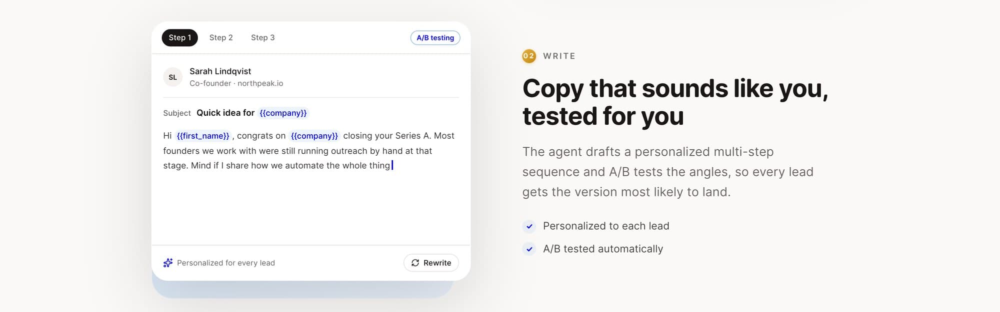 The sequence editor: personalised multi-step copy with built-in A/B testing