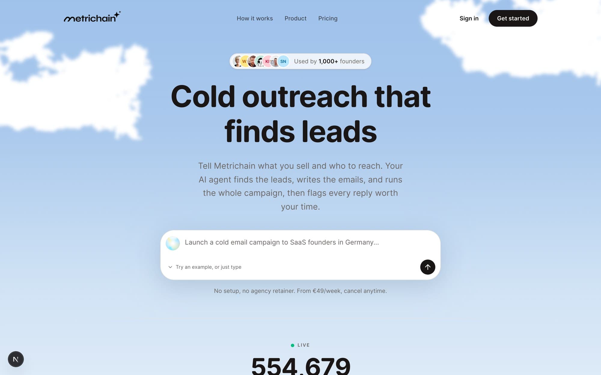 The Metrichain landing page: Cold outreach that finds leads, over a soft sky gradient