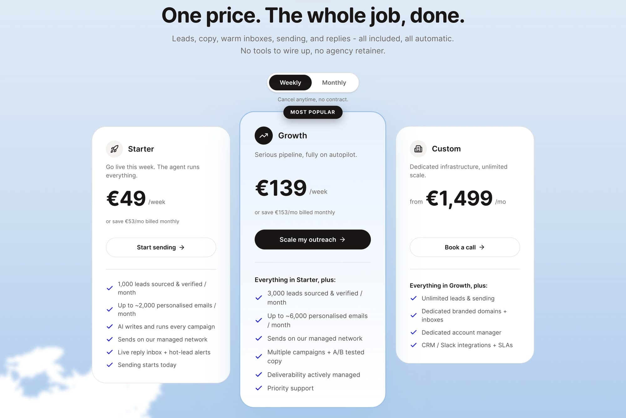 Metrichain pricing: one price for the whole job, weekly, cancel anytime