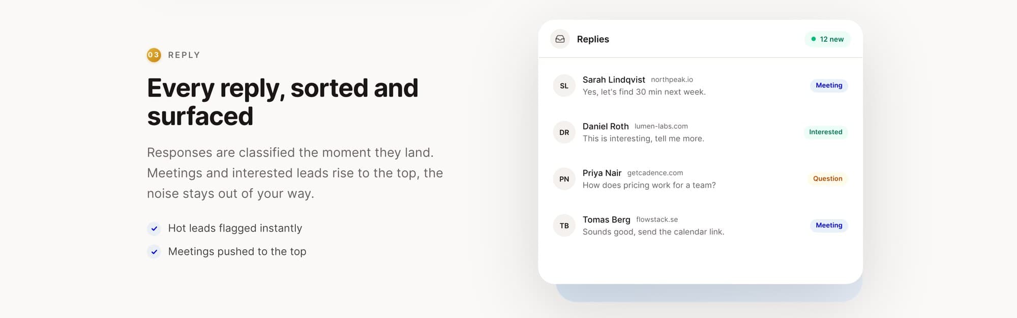 The reply inbox: every response classified by intent, meetings pushed to the top